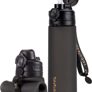 Collapsible Water Bottles 20oz, Leak Proof, BPA-Free, Foldable Silicone Travel Water Bottle with Straw Strap for Cycling, Hiking, Outdoors